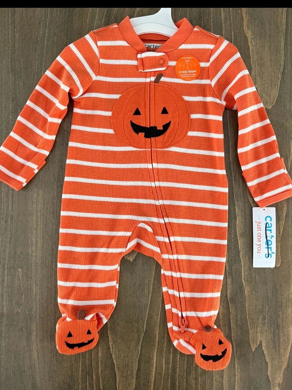 Carter's 3 months Orange and White Striped Pumpkin Footie One-Piece